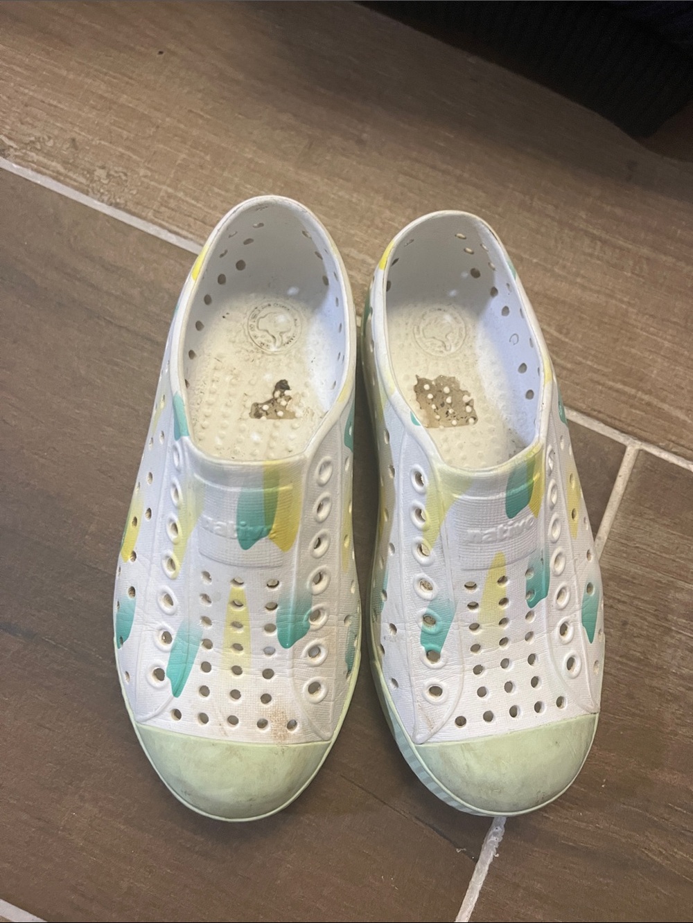 Native Kids White Slip-On Water Shoes with Yellow & Teal Accents